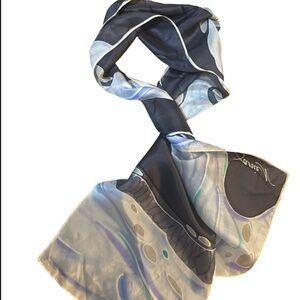 Vintage Abstract Extra Long Silk Feel Scarf in Shades of Blue, Signed Janie N.